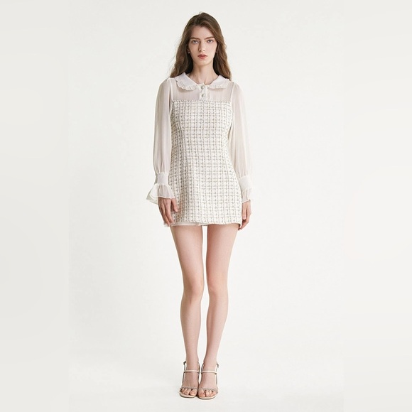 J.ING White Mesh Yoke Tweed Mini Dress - Picture 1 of 9